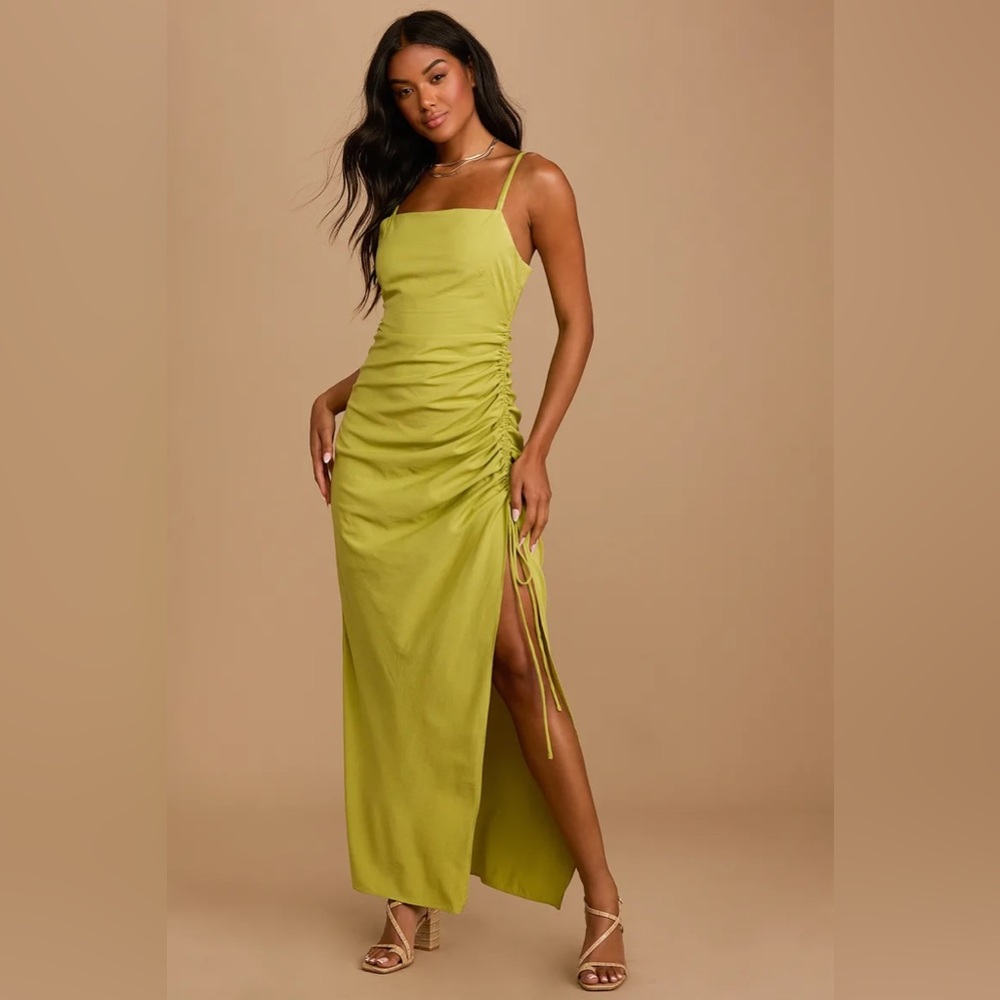 Lulus Love You Like I Do Lime Green Ruched Drawstring Maxi Dress